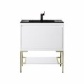 James Martin Vanities 31.5'' Single Vanity, Glossy White, Champagne Brass Base w/ Charcoal Black Composite Stone Top 805-V31.5-GW-CB-CH